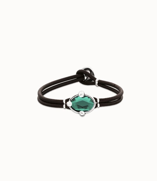 Leather bracelet with green oval faceted crystal